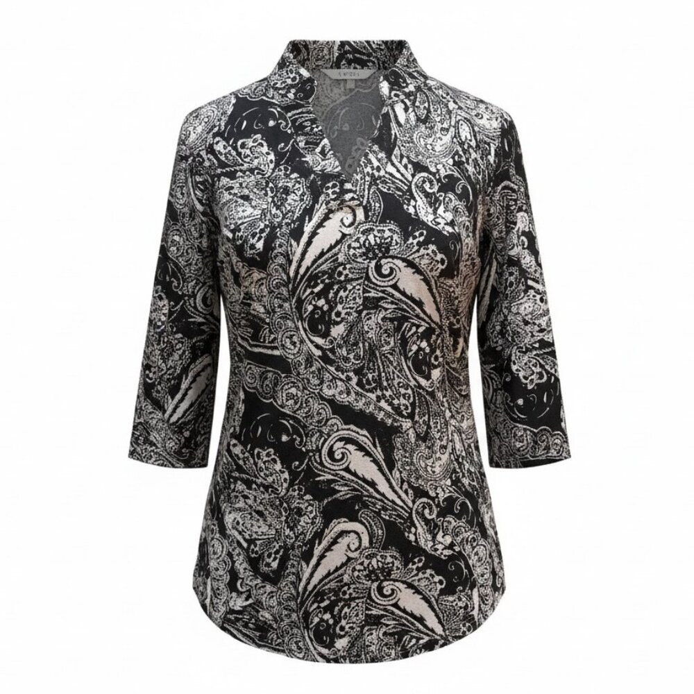 Ceasikery Size M Black & White Paisley V-Neck 3/4 Sleeve Tunic Top